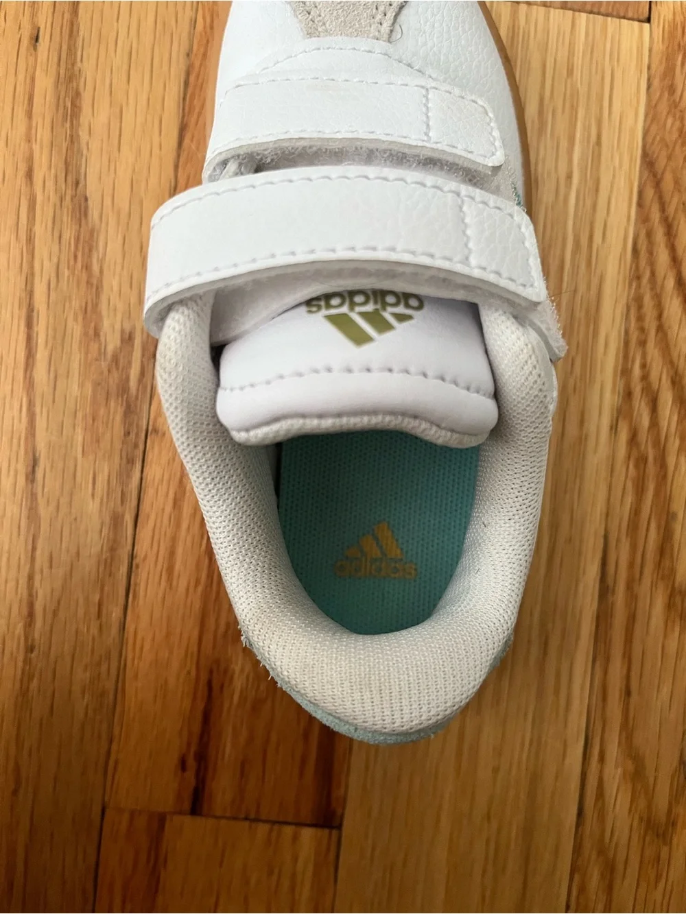 Adidas Kids Size 8 White and Teal Velcro Sneakers with Gum Sole